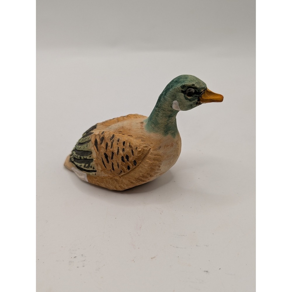 Vintage Hand Carved Wooden Mallard Duck Decoy Miniature Signed Artisan Figurine